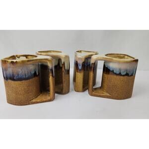 Rodolfo Padilla Brown Blue Tan Drip Glaze Stacking Mugs (4) No Stand - Excellent
